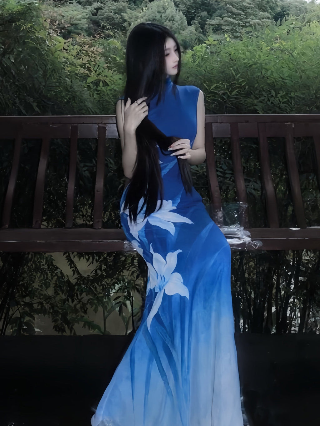 Elegant Stand Collar Floral Print Maxi Dress - EveningVerse - 6