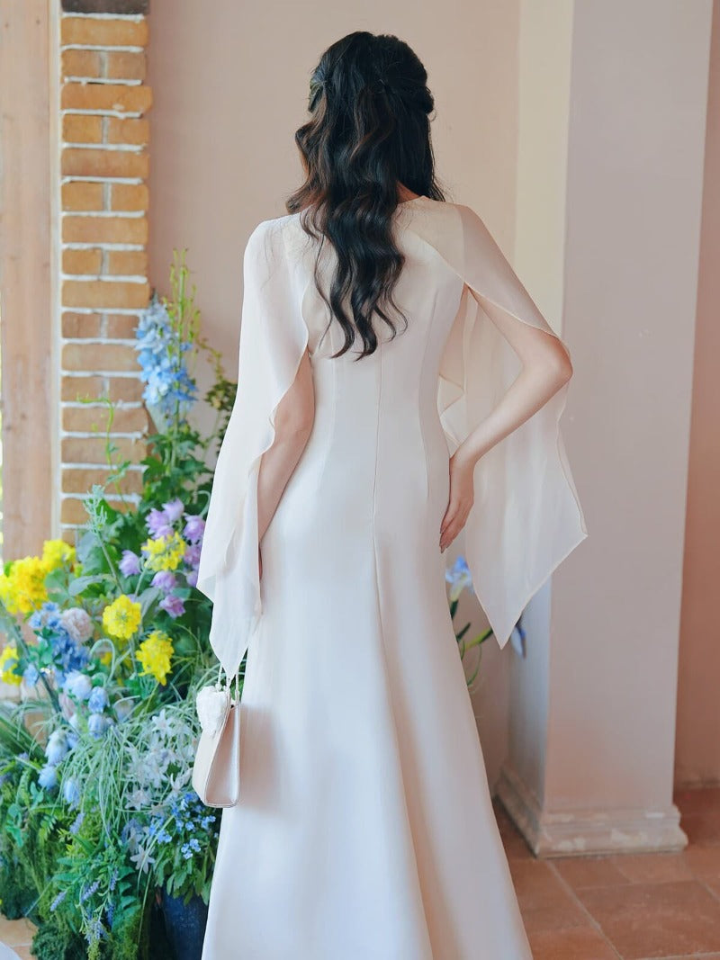 Elegant Round Neck Cape Overlay Mermaid Maxi Dress