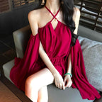 Red Off-Shoulder Draped Chiffon Mini Dress