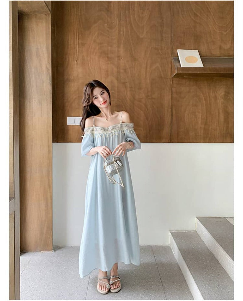 Light Blue Tassel Trim Off-Shoulder Maxi Dress