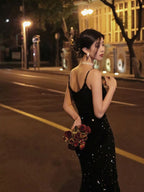 Black Sequin V Neck Fishtail Maxi Dress
