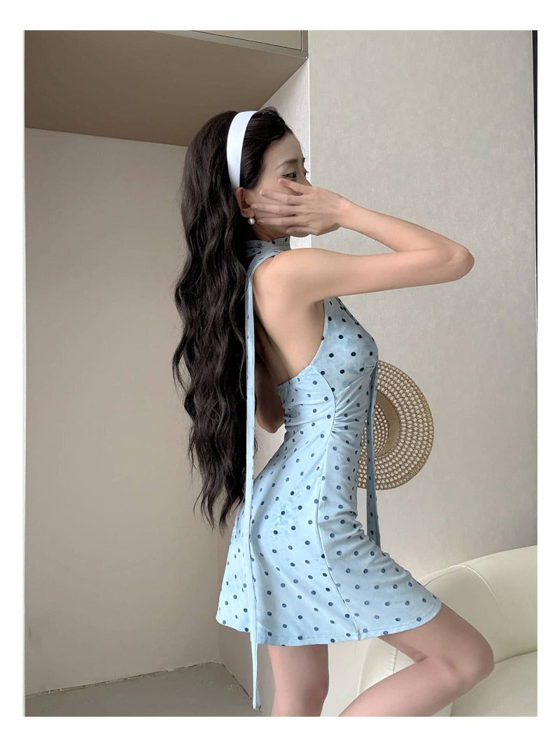 Polka Dot Halter V Neck Bodycon Mini Dress