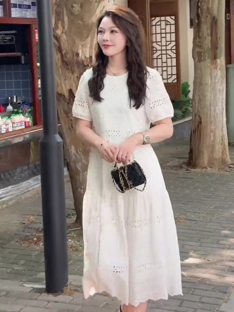 White Eyelet Lace Short Sleeve A-Line Midi Dress