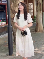 White Eyelet Lace Short Sleeve A-Line Midi Dress