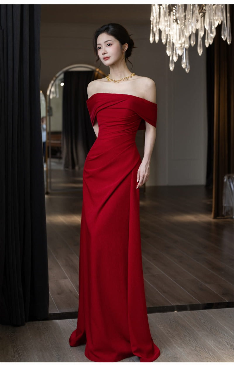Wine Red Off Shoulder Draped A-Line Maxi Dress