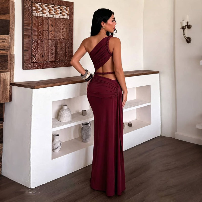 Sultry Ruched One Shoulder Cutout Maxi Dress