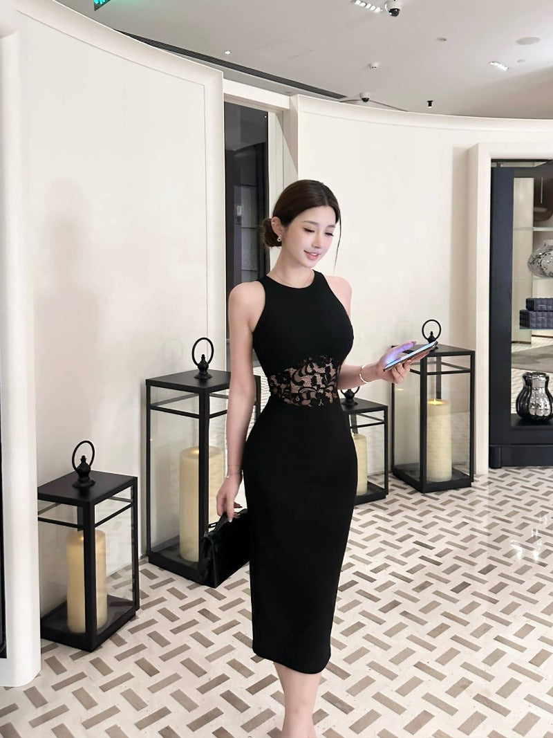 Black Round Neck Lace Waist Sleeveless Bodycon Midi Dress Main image