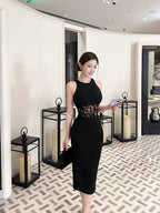Black Round Neck Lace Waist Sleeveless Bodycon Midi Dress