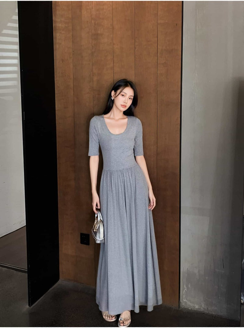 Gray U Neck Fit and Flare Maxi Dress