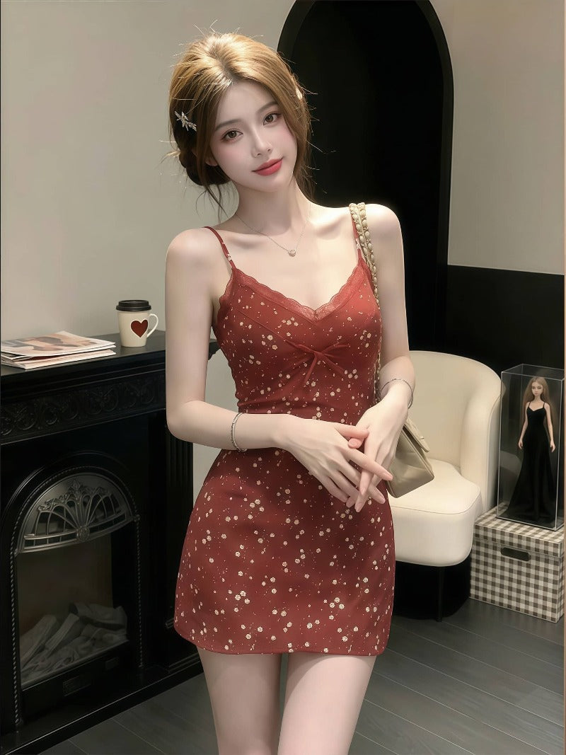 Red Floral Print Lace Trim V Neck Cami Mini Dress