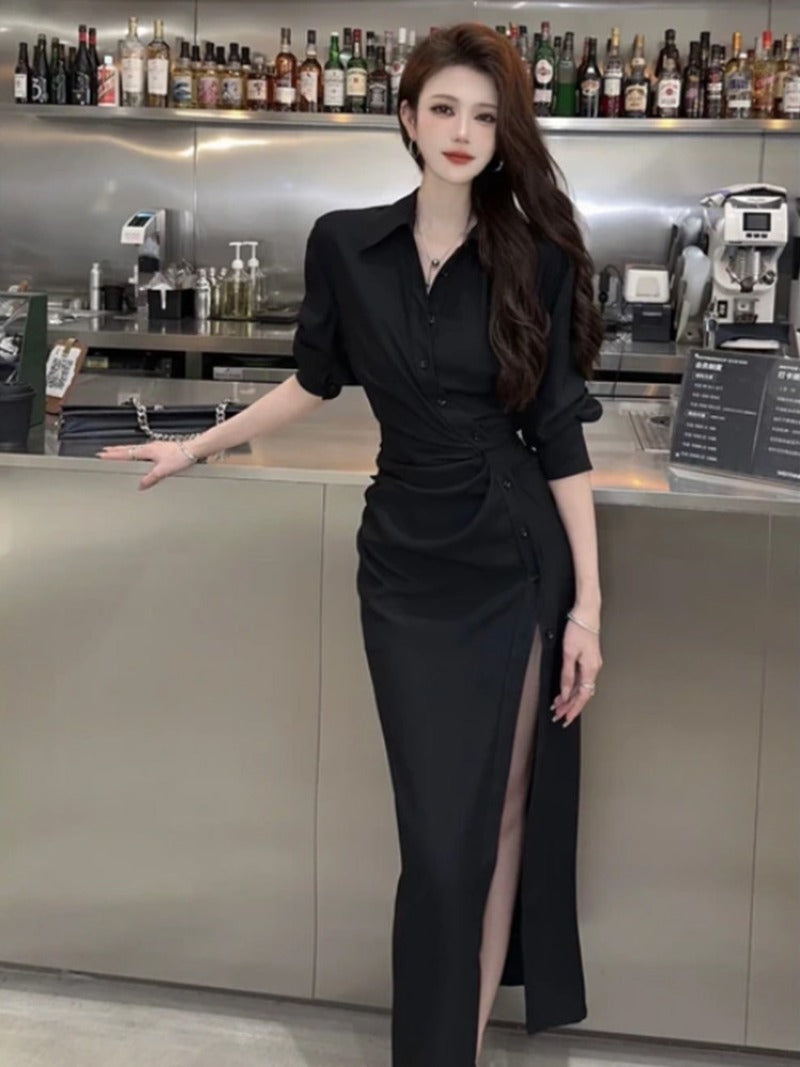 Black/Brown Collared Button Front Slit Shirt Maxi Dress