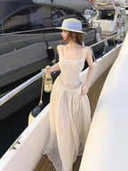 Ivory Lace Trim Backless Tie Back A-Line Maxi Dress