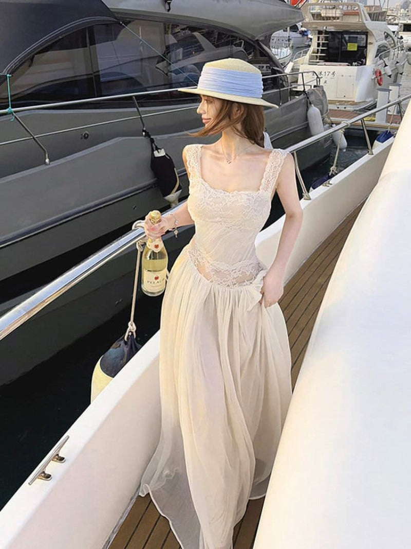 Ivory Lace Trim Backless Tie Back A-Line Maxi Dress