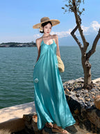 Halter Neck Backless Rosette A-Line Maxi Dress
