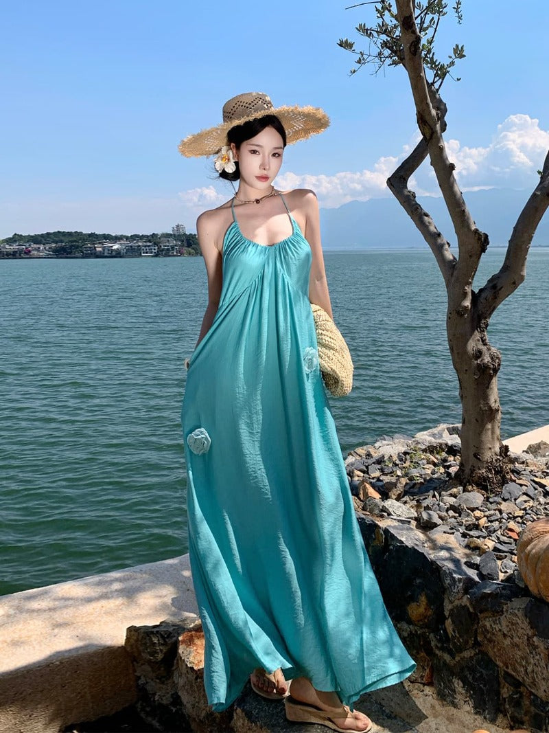 Halter Neck Backless Rosette A-Line Maxi Dress