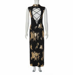 Midnight Gold Floral Mandarin Collar Qipao Maxi Dress