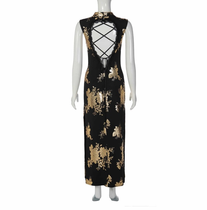 Midnight Gold Floral Mandarin Collar Qipao Maxi Dress