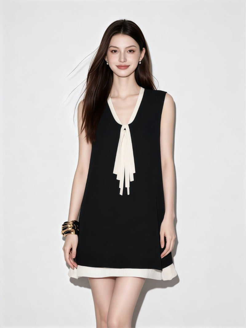 Black V Neck Bow Tie Sleeveless Pleated Hem Mini Dress