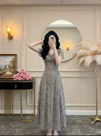 Draped V Neck Lace Sleeve Bodycon Maxi Dress