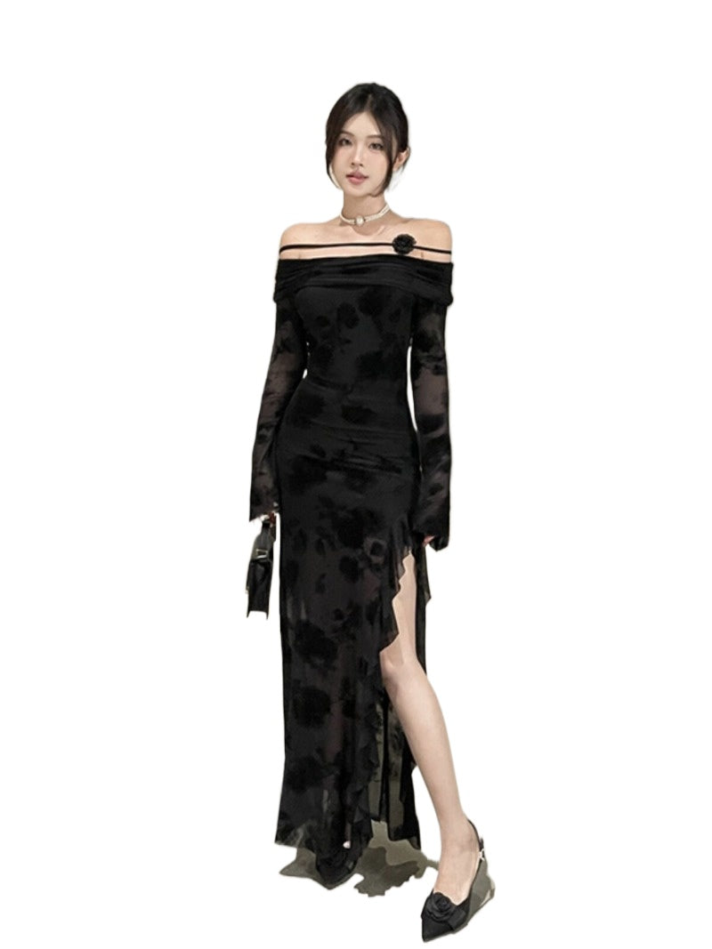 Black Floral Off Shoulder Long Sleeve Slit Maxi Dress