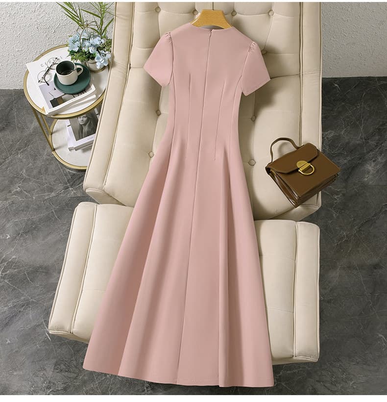 Round Neck Short Sleeve High Waist A-Line Maxi Dress