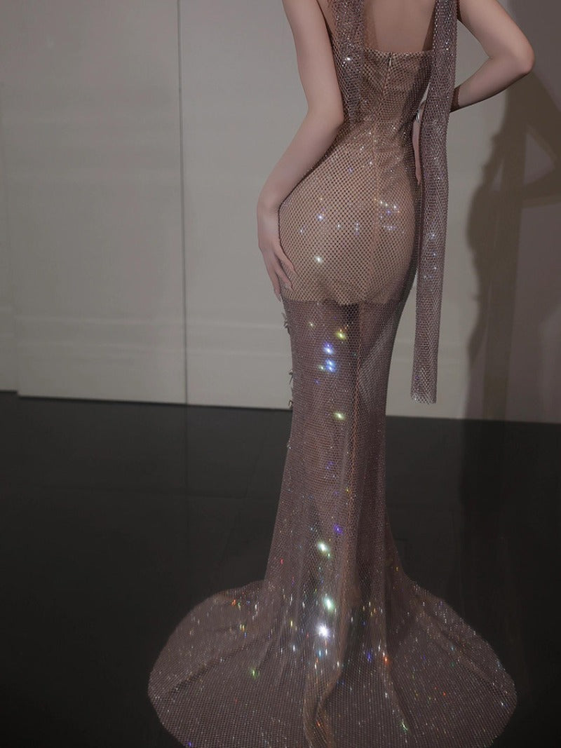 Champagne Mesh Sequin Appliqué Strapless Mermaid Maxi Dress
