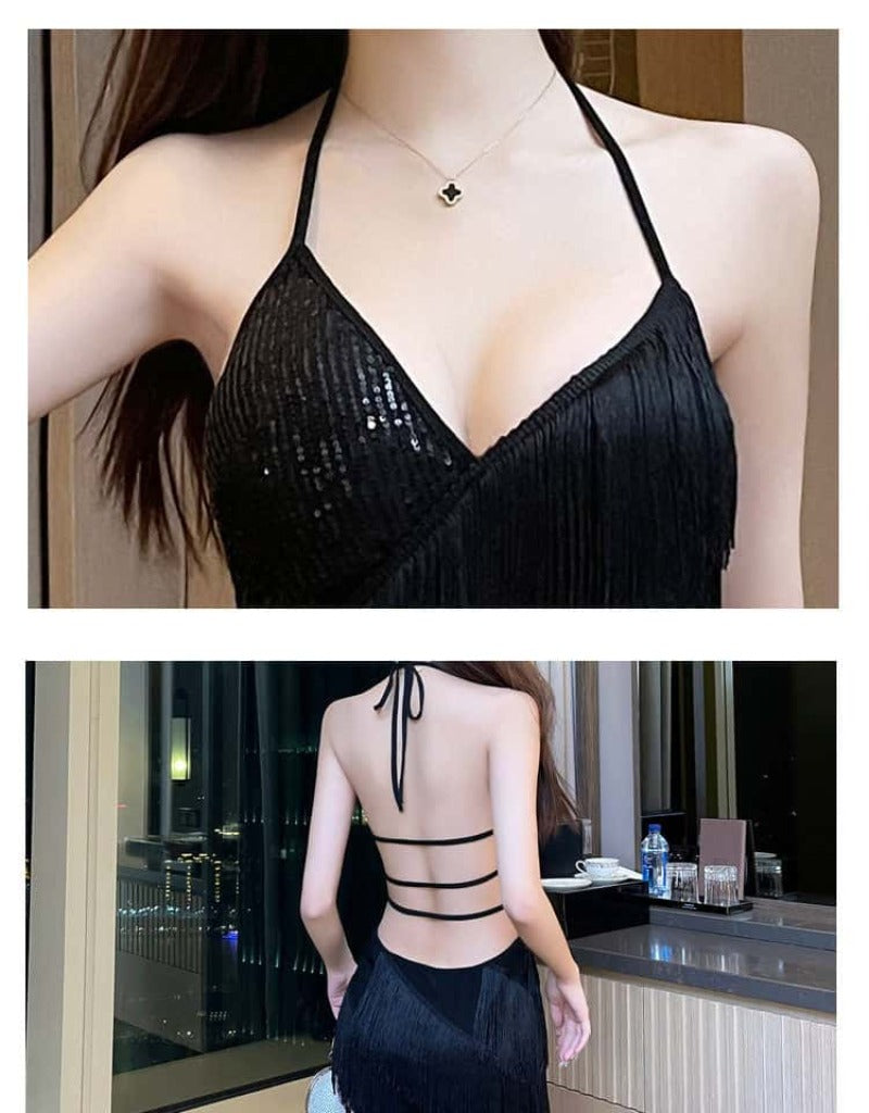Black Fringe Halter V Neck Bodycon Mini Dress