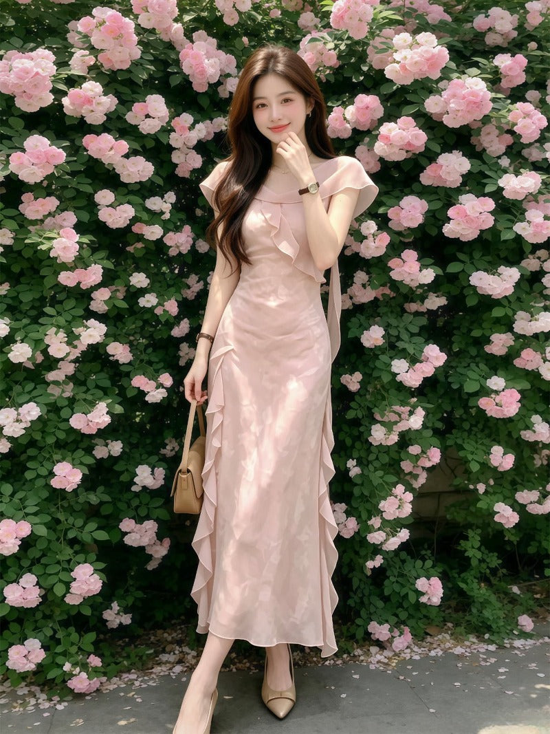 Pink Off-Shoulder Ruffle Mermaid Maxi Dress