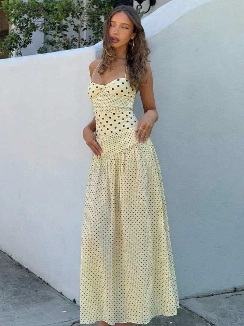 Playful Polka Dot Tie-Back Halter Maxi Dress