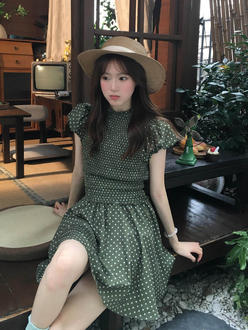 Green Polka Dot Puff Sleeve Smocked A-Line Mini Dress