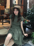 Green Polka Dot Puff Sleeve Smocked A-Line Mini Dress