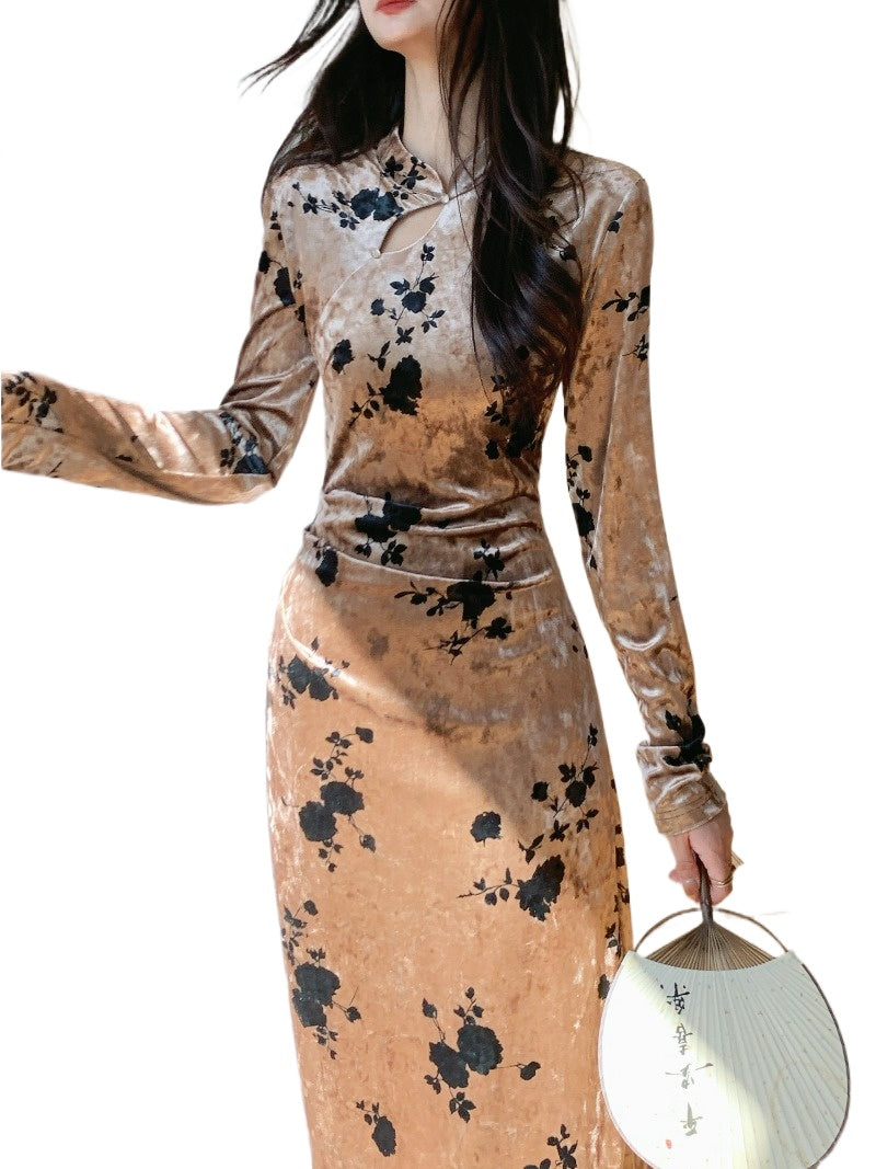 Coffee Floral Velvet Mandarin Collar Sheath Midi Dress