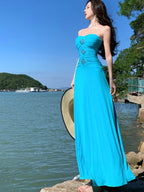 Blue Strapless Rhinestone Ruched Mermaid Maxi Dress
