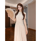 Apricot Lace Round Neck Short Sleeve A-Line Midi Dress