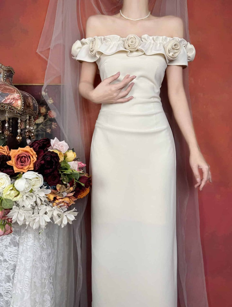 Off Shoulder Rose Appliqué Slit Maxi Dress