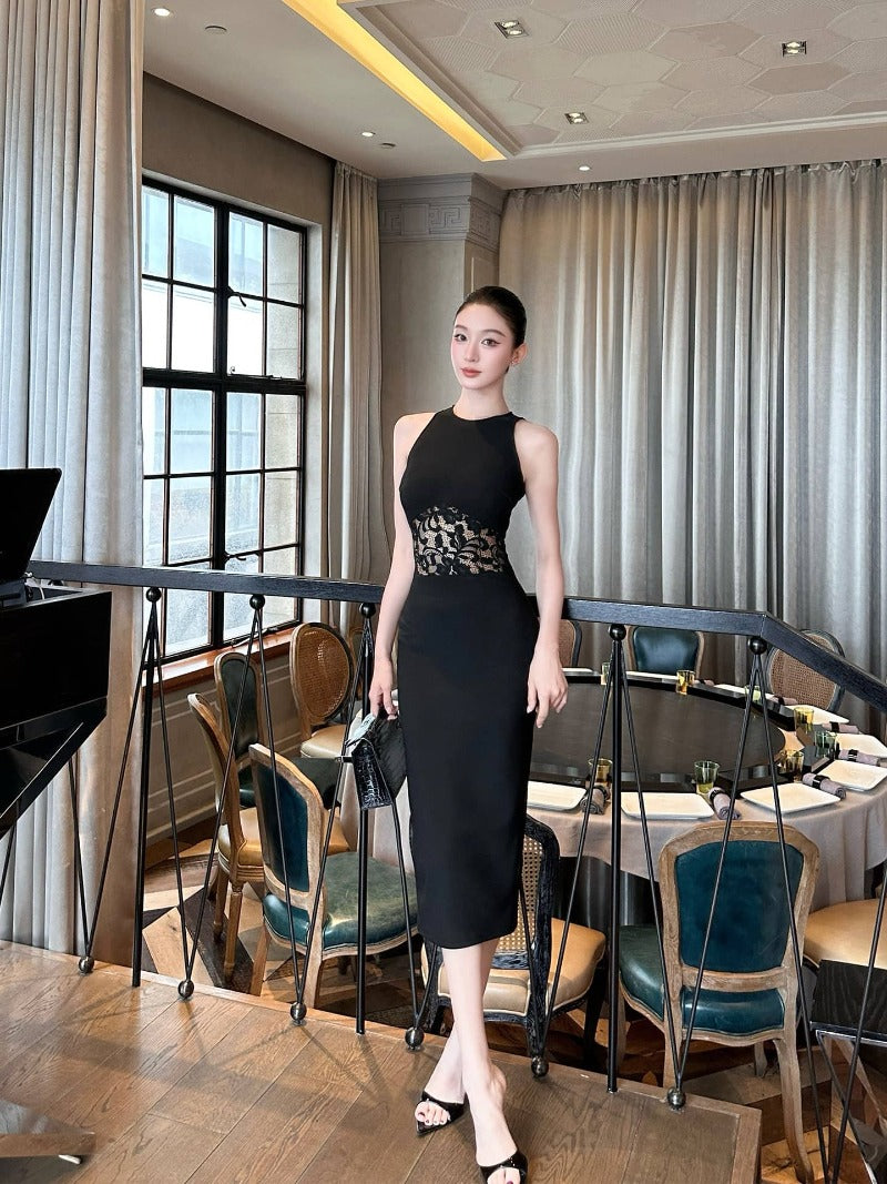 Black Round Neck Lace Waist Sleeveless Bodycon Midi Dress