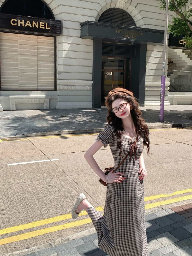 Coffee Brown Gingham Puff Sleeve Bow A-Line Maxi Dress