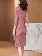 Red Print V Neck Ruched Sheath Midi Dress