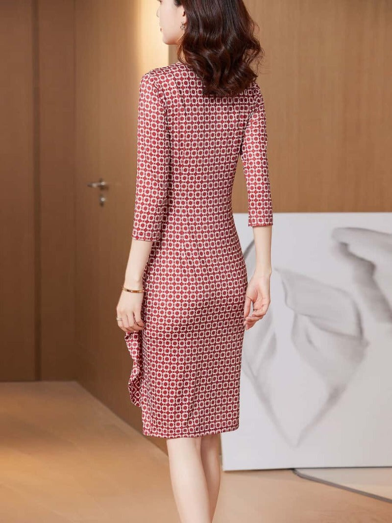 Red Print V Neck Ruched Sheath Midi Dress