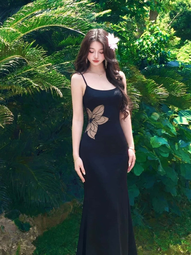 Black Cutout Embroidered Bodycon Maxi Dress