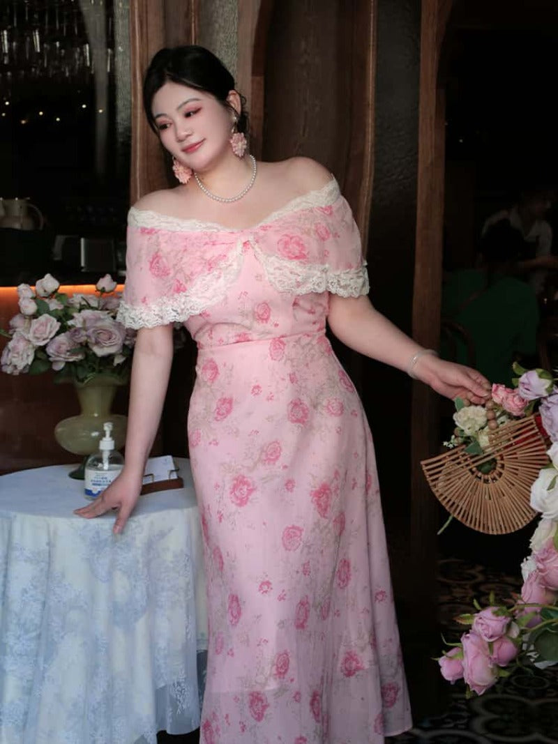 Plus Size Floral Ruffle Trim Off Shoulder Midi Dress