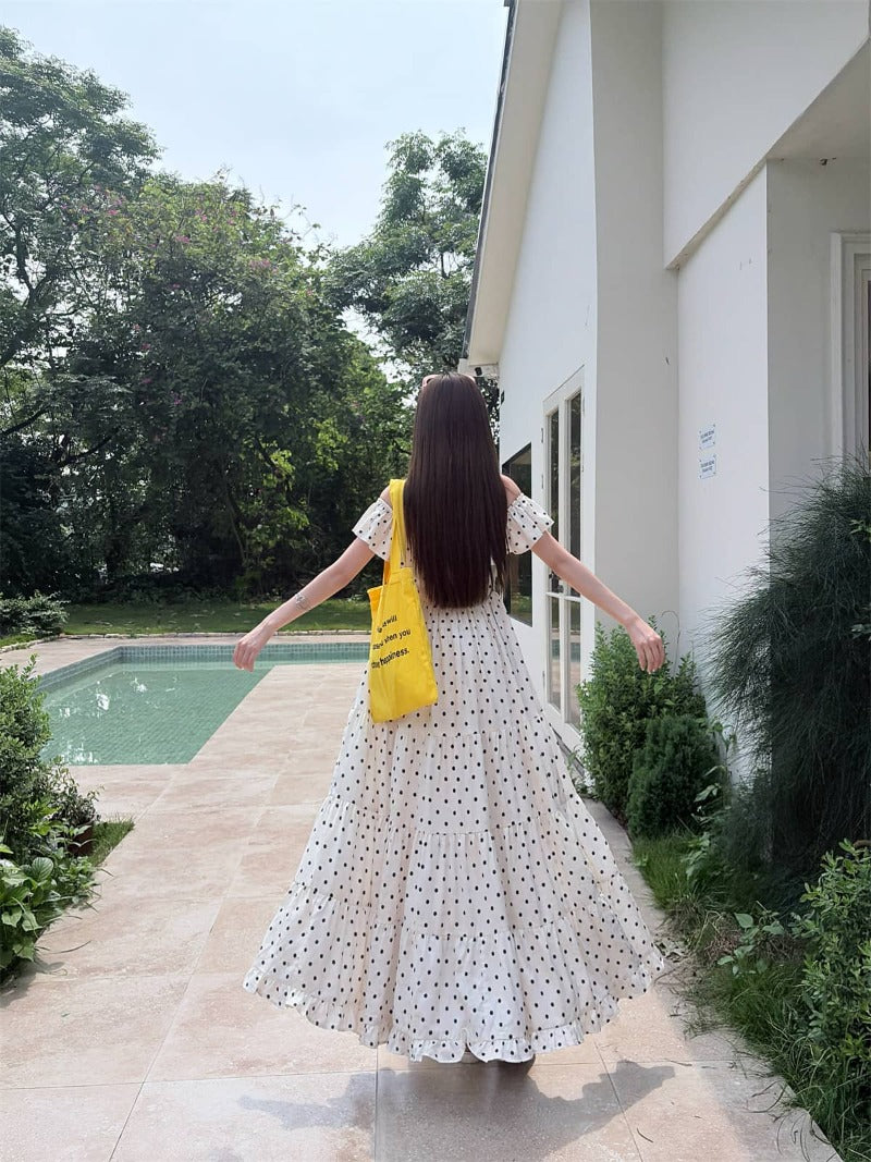 Off-Shoulder Polka Dot Tiered Maxi Dress