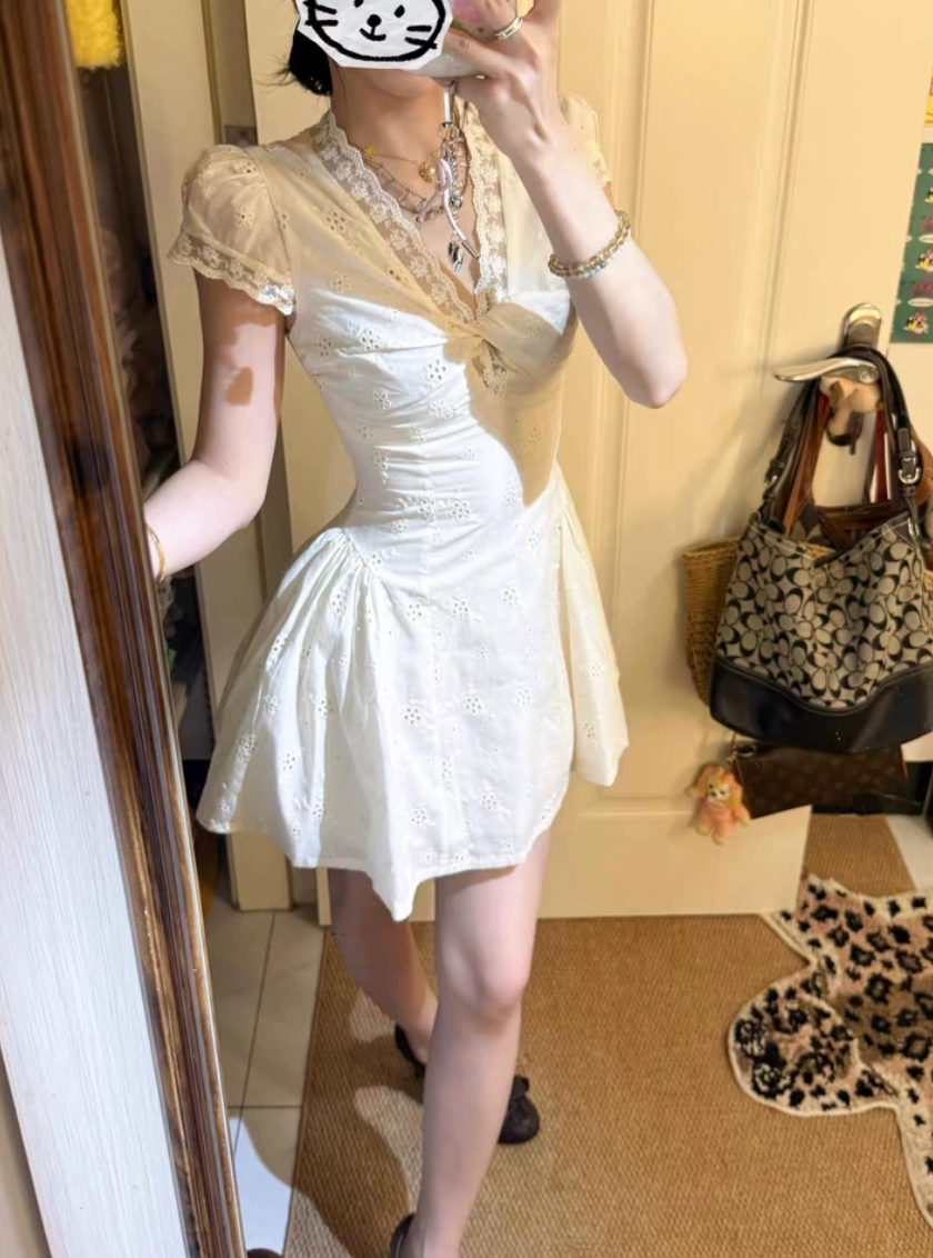 Ivory Lace Trim V Neck Puff Sleeve Fit-and-Flare Mini Dress