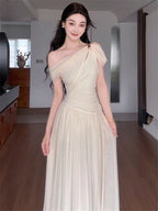Elara Ivory Draped One Shoulder Maxi Dress