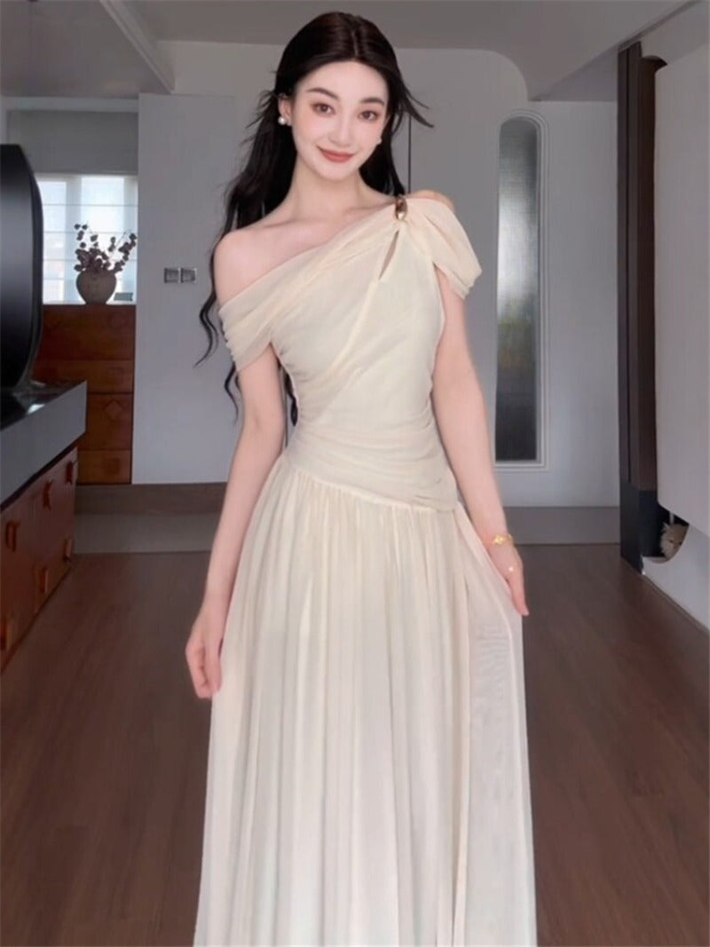 Elara Ivory Draped One Shoulder Maxi Dress