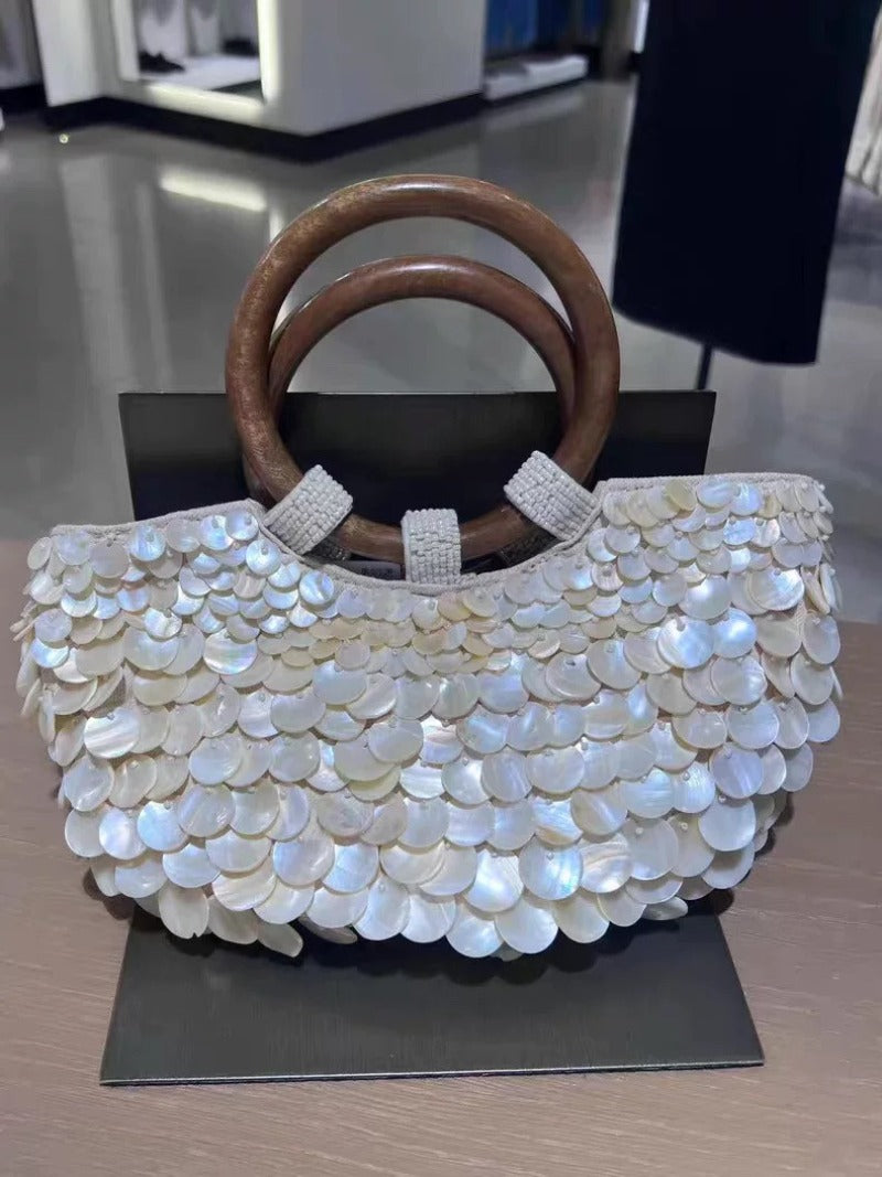 Ivory Shell Detail Evening Bag with Ring Handle