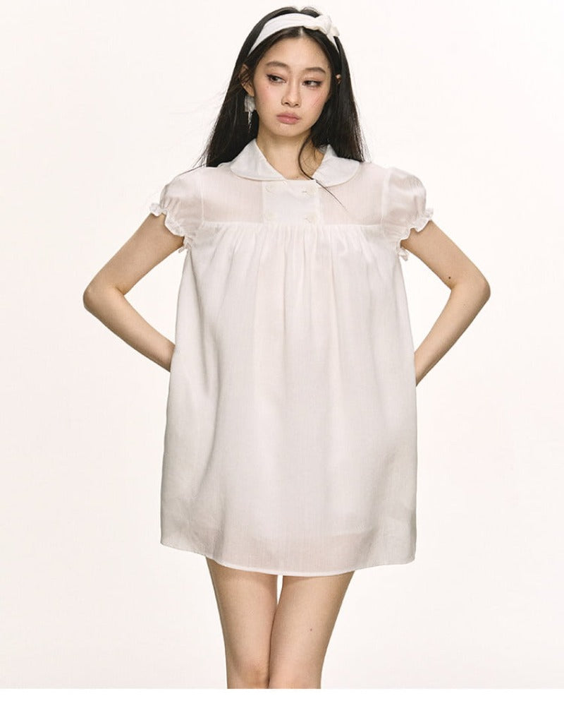 Lyocell Linen Puff Sleeve Collared Babydoll Mini Dress