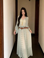 Mint Green V-Neck Long Sleeve Maxi Dress
