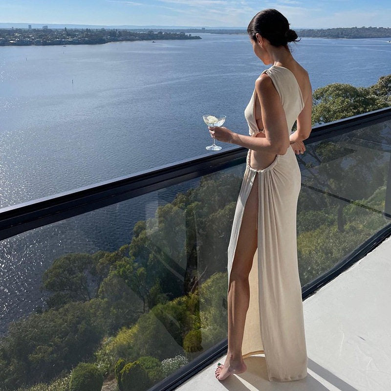 One Shoulder Cutout High Slit Maxi Dress
