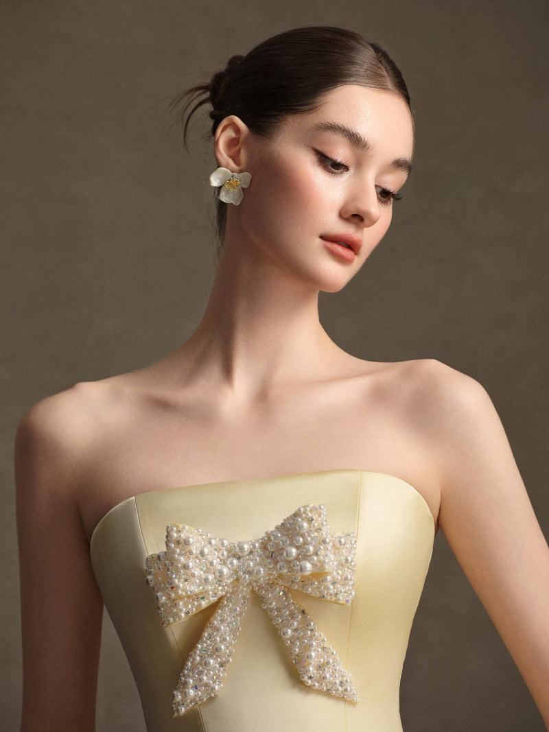 Pale Yellow Strapless Rhinestone Bow Bubble Mini Dress